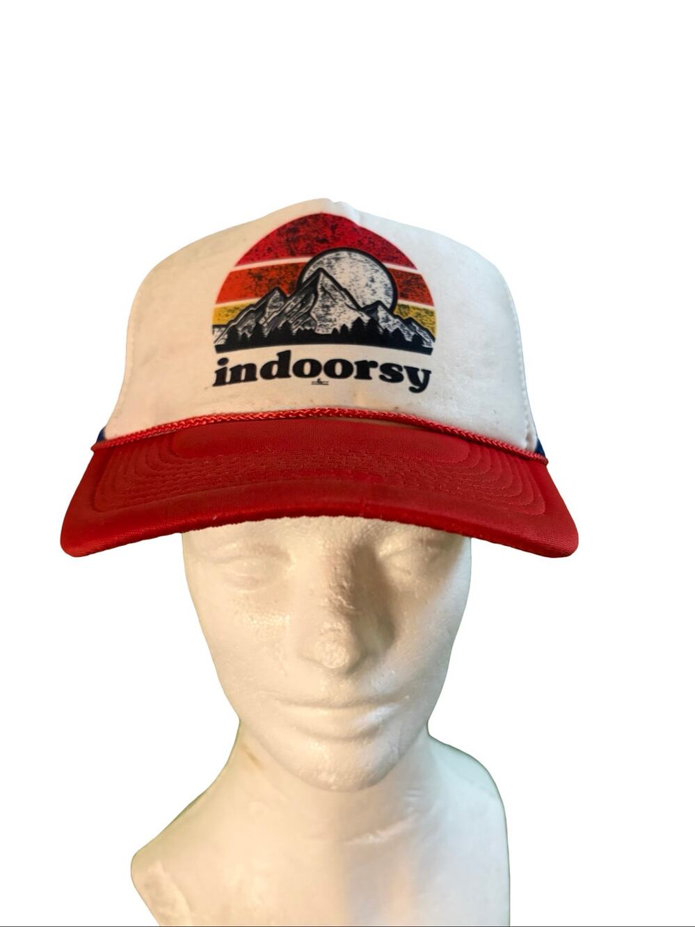Indoorsy Mountain Trucker Hat Nissun Snapback Red White Blue